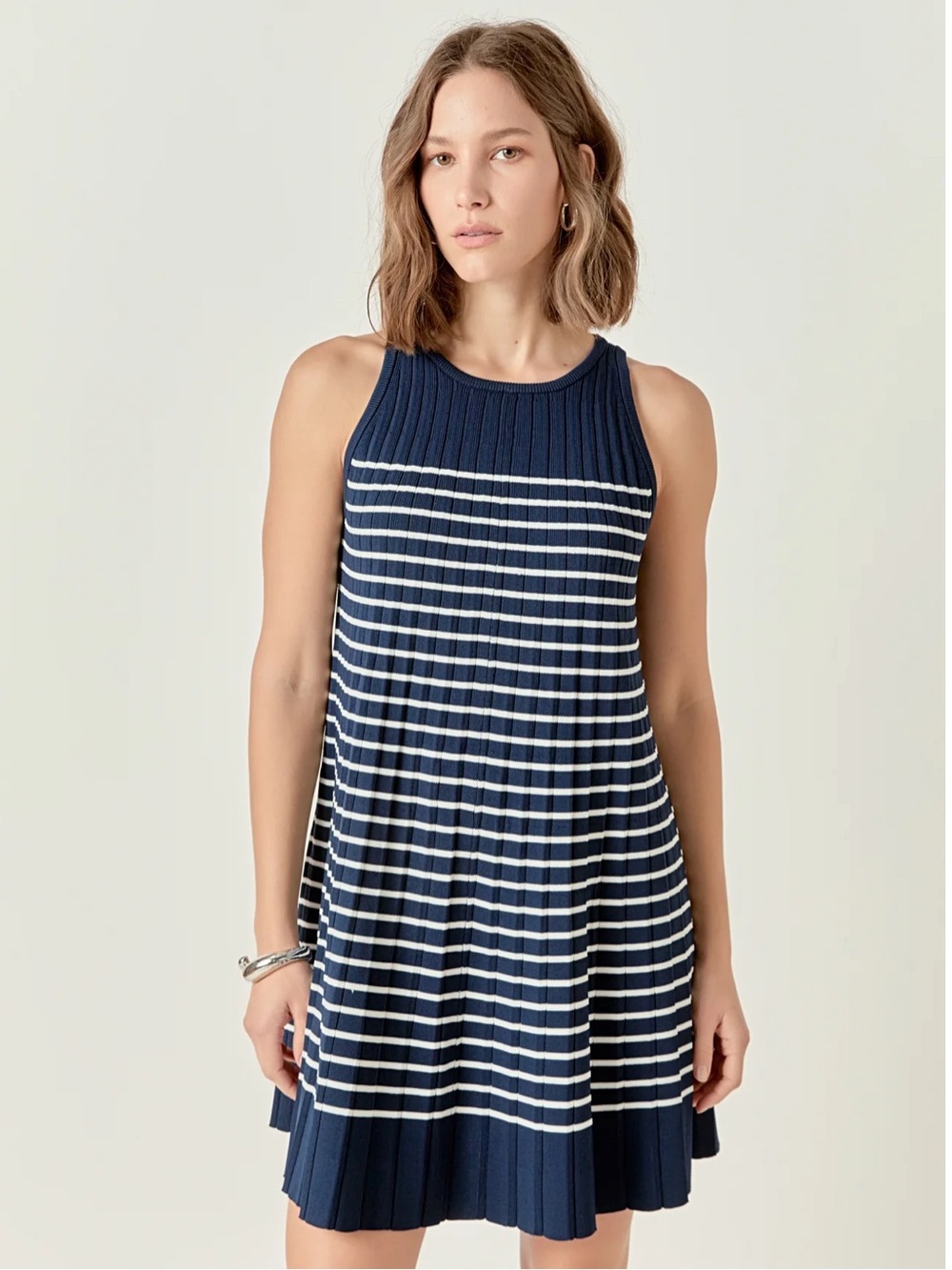 English Factory Clara Pleated A-line Knit Stripe Mini Dress NWT